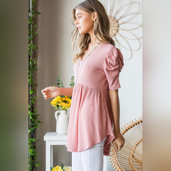 New Launch From Designer HEIMISH Full Size Waffle Knit V-Neck Babydoll Top - Picture 8 of 13